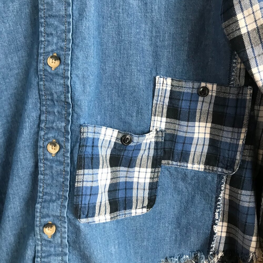 Upcycled Denim Plaid Flannel Jean Jacket, Boho Patchwork Shirt Plus Size XL - 2X - Picture 4 of 9